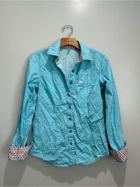 Cinch Aqua Geometric Button-Up Shirt with Floral Inner Trim